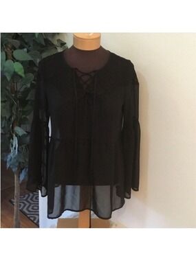 Decree black sheer ballon sleeve blouse Woman’s size medium tie front